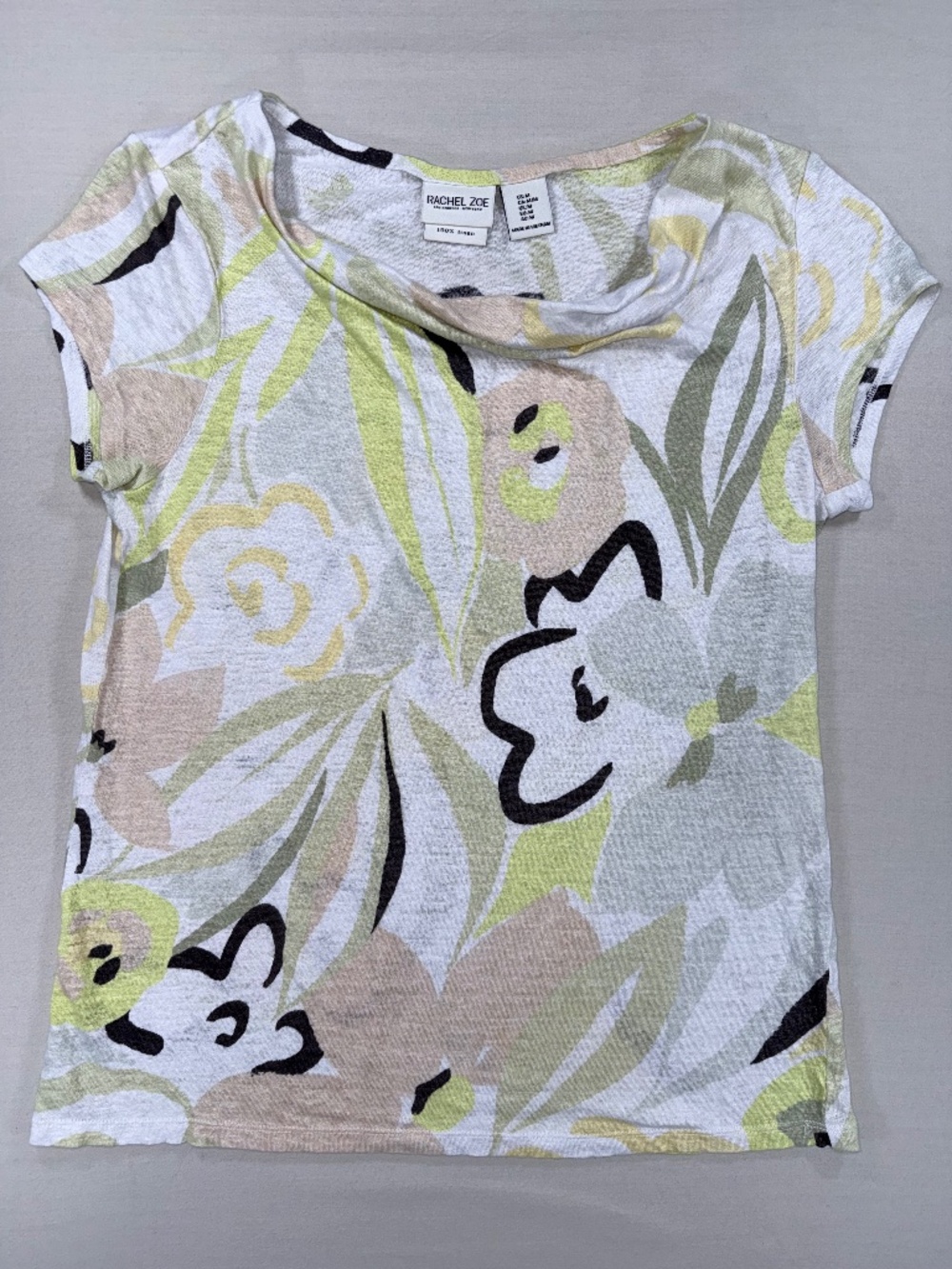 Rachel Zoe 100% Linen Abstract Floral Knit Top Cowl Neck Medium